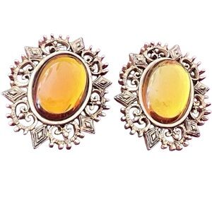 Vintage Kirk’s Folly Clip Earrings Fantasy Filigree Amber Cabochons